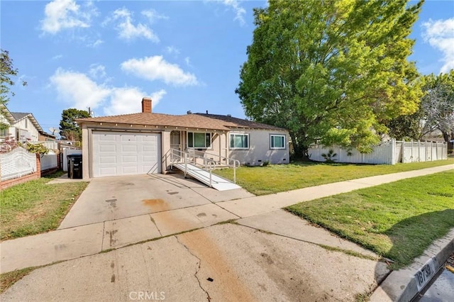 single story home featuring driveway, a chimney, an attached garage, fence, and a front lawn