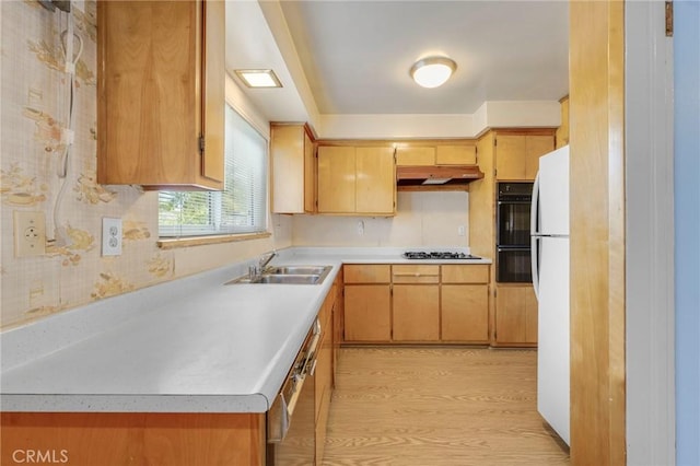 kitchen featuring light wood finished floors, under cabinet range hood, light countertops, black appliances, and a sink