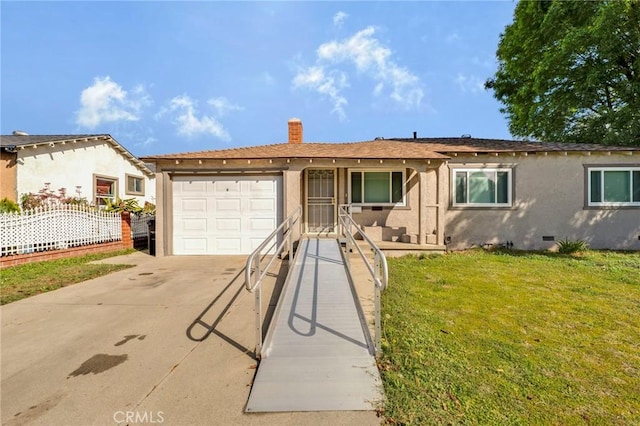 ranch-style house featuring an attached garage, concrete driveway, crawl space, stucco siding, and a front yard