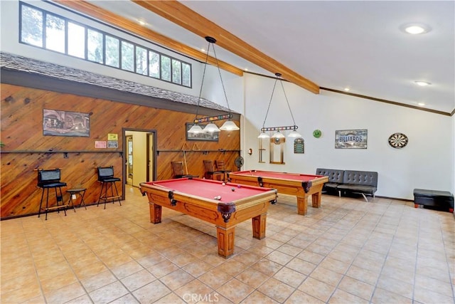 recreation room with billiards, wooden walls, ornamental molding, beamed ceiling, and high vaulted ceiling