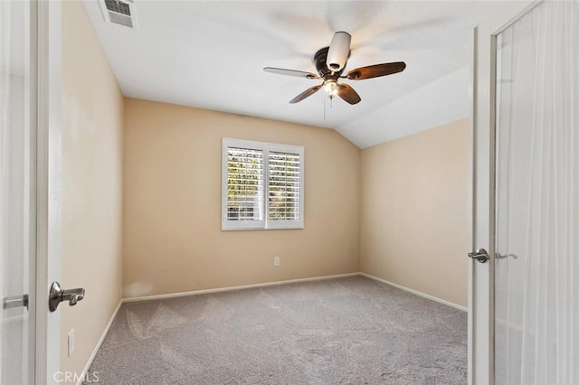 27139 Saddlepeak Trl, Valencia, CA 91354 - carpeted spare room with visible vents, baseboards, a ceiling fan, and lofted ceiling