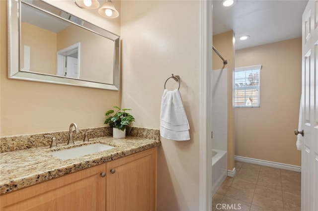 27139 Saddlepeak Trl, Valencia, CA 91354 - full bath featuring baseboards,  shower combination, recessed lighting, vanity, and tile patterned floors