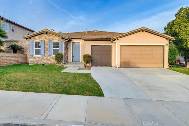 single story home with a garage, stone siding, concrete driveway, stucco siding, and a front lawn