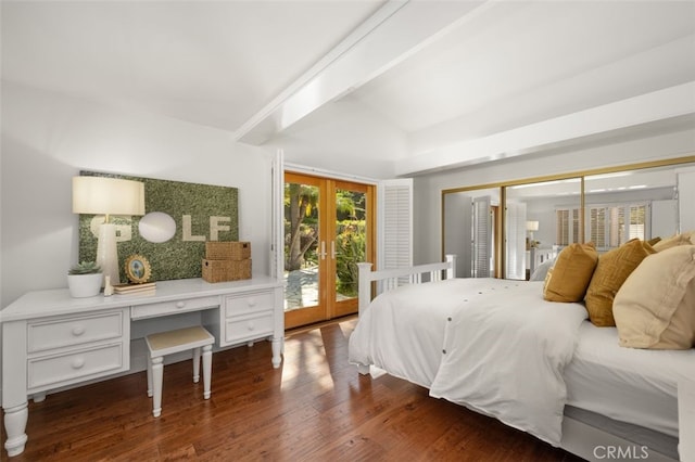 bedroom featuring dark wood finished floors, beam ceiling, access to exterior, french doors, and a closet