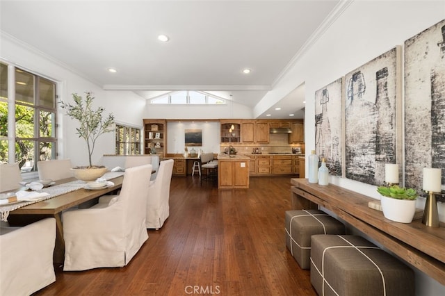 dining room featuring lofted ceiling, recessed lighting, dark wood-style flooring, and ornamental molding