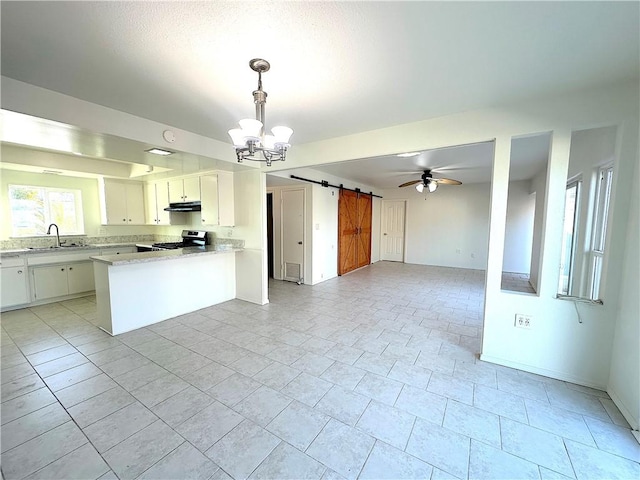 kitchen with a barn door, open floor plan, stainless steel range with electric stovetop, under cabinet range hood, and a sink