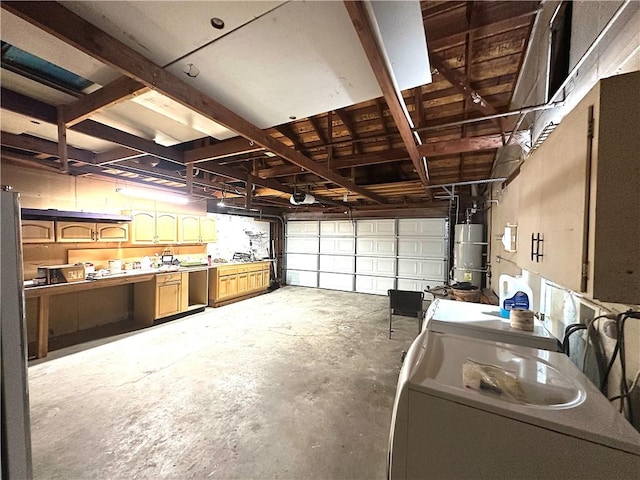 garage with washer / clothes dryer and secured water heater