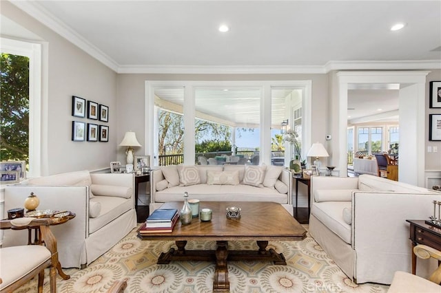 living area featuring ornamental molding and recessed lighting