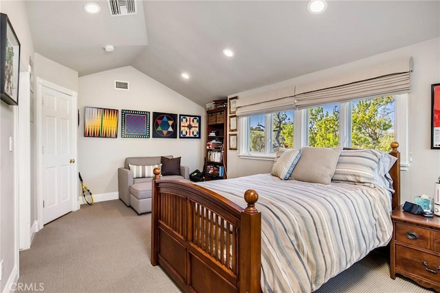 bedroom featuring carpet, recessed lighting, visible vents, vaulted ceiling, and baseboards