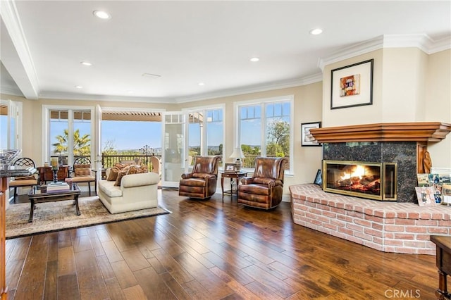 sitting room featuring ornamental molding, a fireplace, wood finished floors, and a healthy amount of sunlight