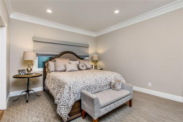 carpeted bedroom with crown molding, recessed lighting, and baseboards