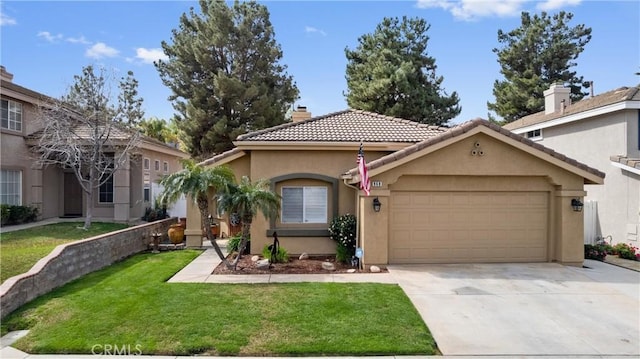 mediterranean / spanish home featuring an attached garage, driveway, stucco siding, a front lawn, and a chimney