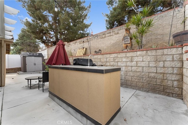 view of patio / terrace with an outbuilding, grilling area, an outdoor kitchen, a shed, and a fenced backyard