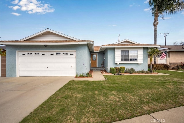 single story home with a garage, a front yard, concrete driveway, and stucco siding