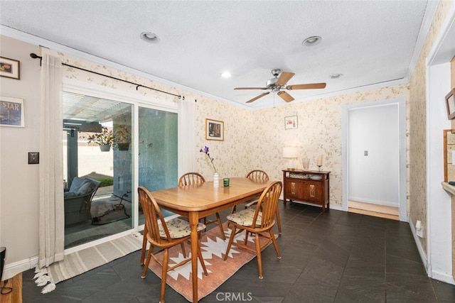 dining area with crown molding, recessed lighting, ceiling fan, baseboards, and wallpapered walls