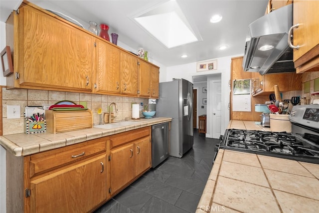 kitchen featuring a skylight, decorative backsplash, appliances with stainless steel finishes, ventilation hood, and a sink