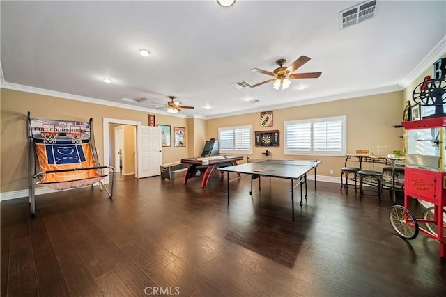 rec room featuring visible vents, crown molding, and wood finished floors