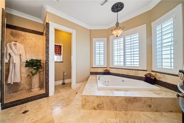 full bathroom with visible vents, baseboards, a whirlpool tub, and crown molding