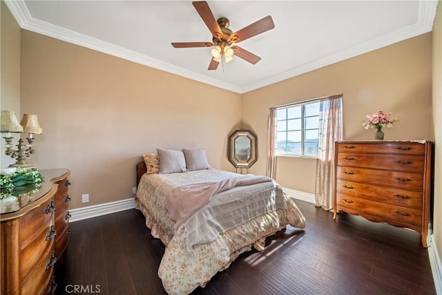 bedroom with dark wood-style floors, baseboards, and ornamental molding