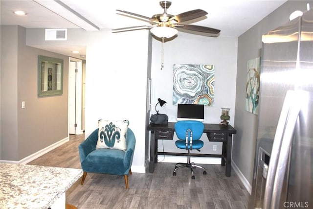 office with a ceiling fan, wood finished floors, visible vents, and baseboards