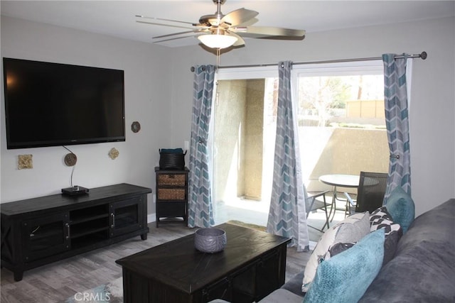 living room featuring a ceiling fan and wood finished floors