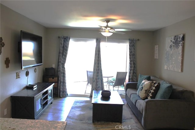 living area with a ceiling fan and wood finished floors