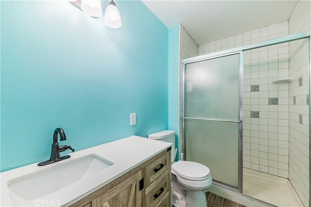 bathroom featuring toilet, a stall shower, and vanity