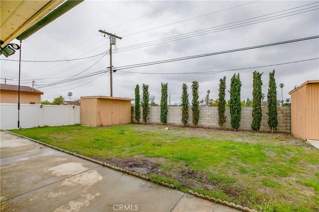 view of yard featuring a storage unit, an outdoor structure, and a fenced backyard