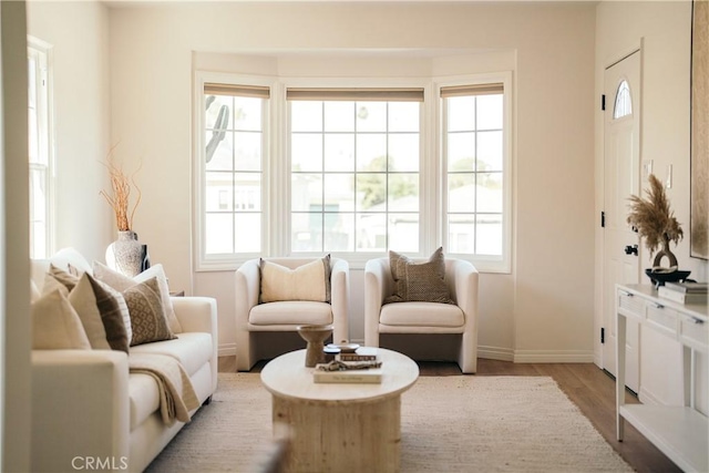 living area featuring light wood-type flooring and baseboards