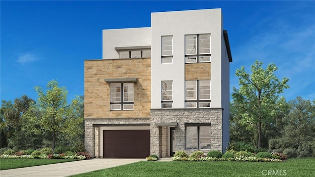 modern home featuring stone siding, an attached garage, driveway, and stucco siding