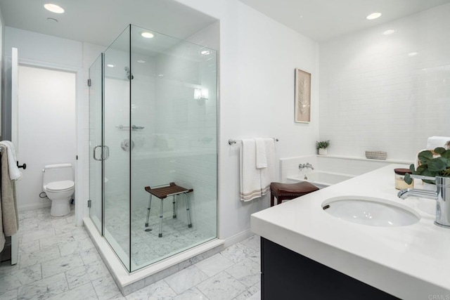 full bath featuring a sink, baseboards, marble finish floor, and a stall shower
