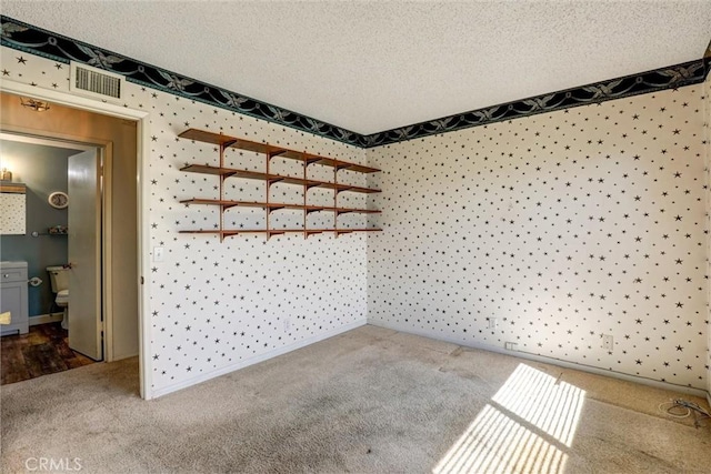 empty room featuring visible vents, a textured ceiling, and carpet