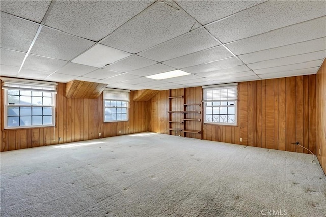 carpeted empty room featuring wooden walls, plenty of natural light, and a drop ceiling