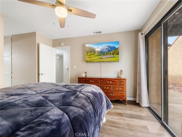 bedroom featuring light wood-type flooring, ceiling fan, and visible vents