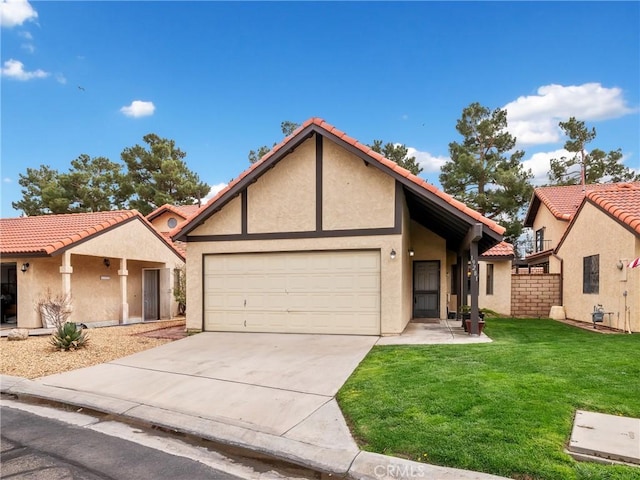 view of front of property featuring a garage, a tile roof, driveway, stucco siding, and a front lawn