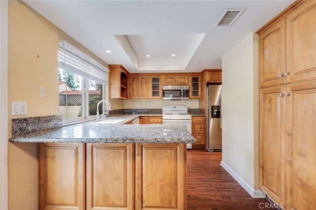 kitchen featuring visible vents, a raised ceiling, appliances with stainless steel finishes, a peninsula, and a sink