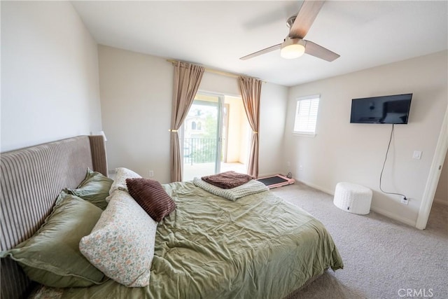 bedroom with carpet, ceiling fan, and baseboards