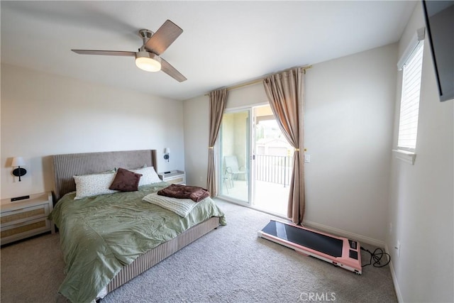 carpeted bedroom with ceiling fan, multiple windows, baseboards, and access to exterior