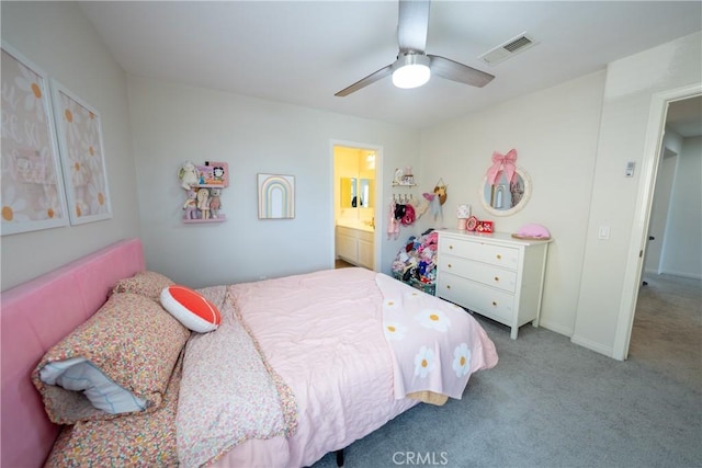 bedroom with visible vents, baseboards, connected bathroom, ceiling fan, and carpet floors