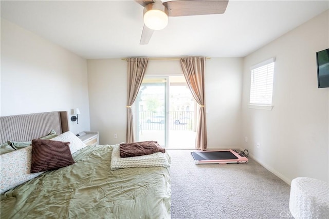 bedroom with access to outside, baseboards, ceiling fan, and carpet