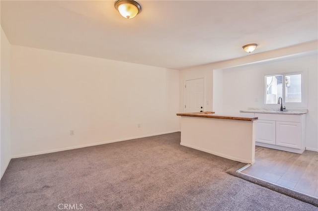 interior space with baseboards, a sink, and light colored carpet