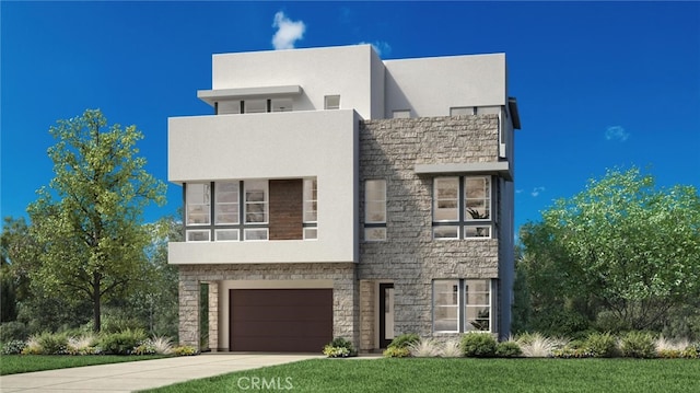 contemporary home featuring a garage, stone siding, concrete driveway, and stucco siding