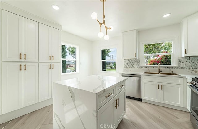 kitchen featuring appliances with stainless steel finishes, a sink, white cabinets, and decorative backsplash