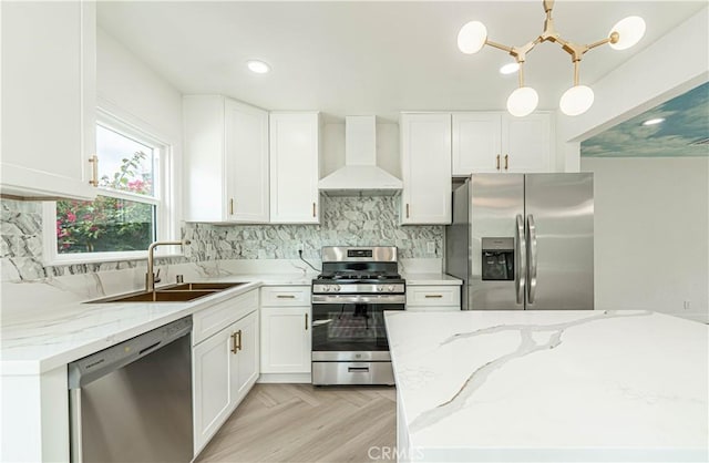 kitchen featuring wall chimney exhaust hood, appliances with stainless steel finishes, backsplash, and a sink