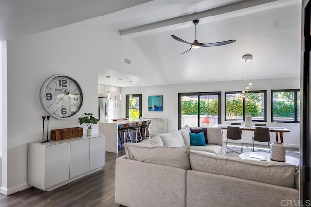 living area with beamed ceiling, high vaulted ceiling, dark wood-type flooring, a ceiling fan, and baseboards