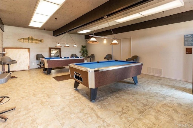 recreation room featuring visible vents, beamed ceiling, concrete block wall, pool table, and baseboards