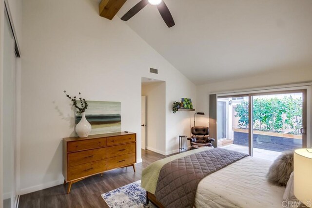 bedroom with visible vents, dark wood finished floors, beam ceiling, high vaulted ceiling, and access to outside