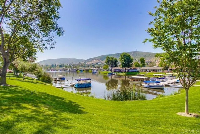 dock area with a water and mountain view and a yard