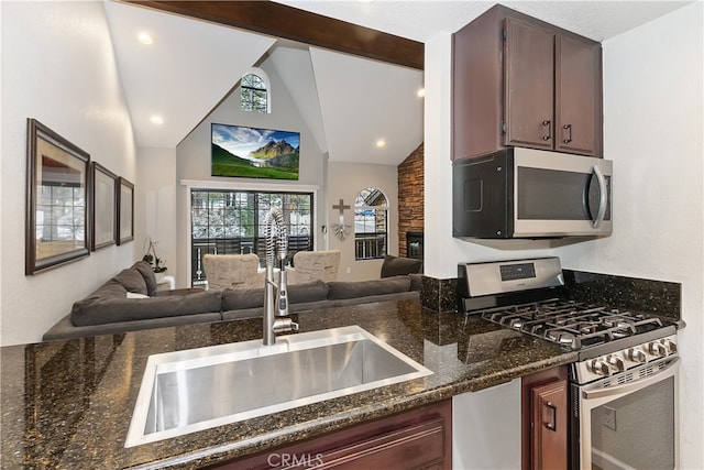 kitchen with a fireplace, stainless steel appliances, a sink, and open floor plan