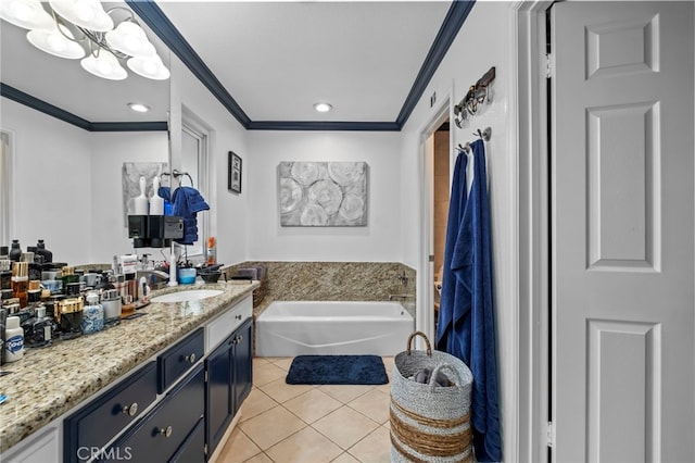 full bathroom with vanity, a garden tub, recessed lighting, ornamental molding, and tile patterned floors